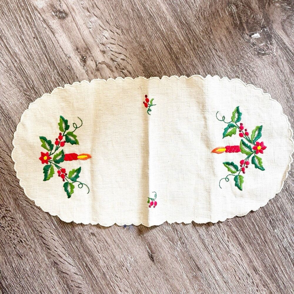 Embroidered Table Runner Dresser Scarf Scalloped Edge Linen Look Christmas Decor